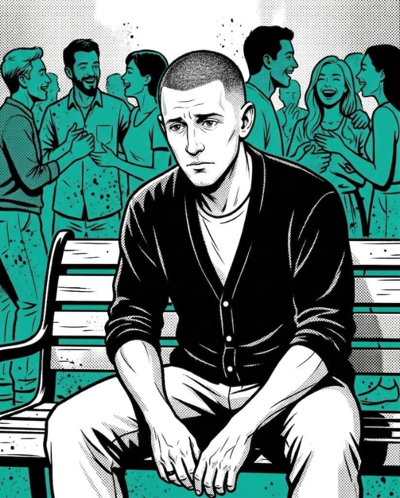 Comic illustration of Shane sitting alone, apart from a group — feeling like an outsider