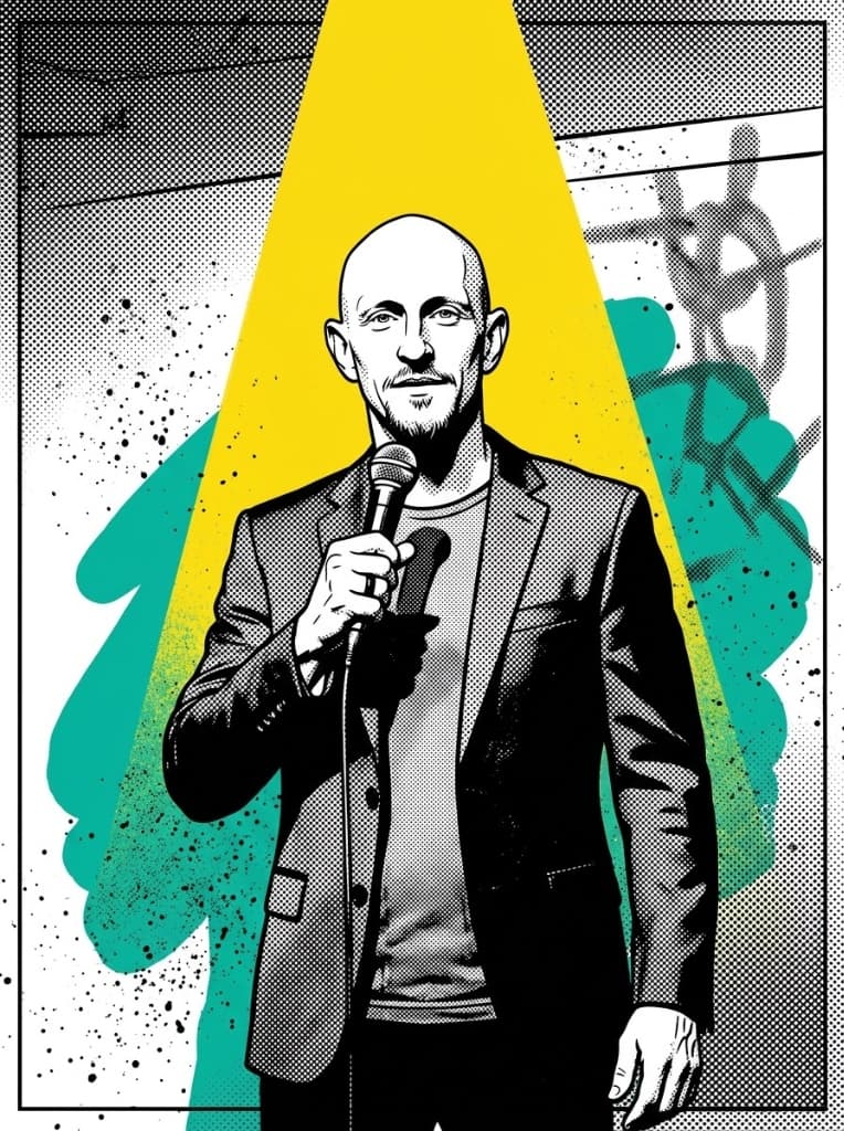 Comic illustration of Shane on stage — successful on the outside, struggling on the inside