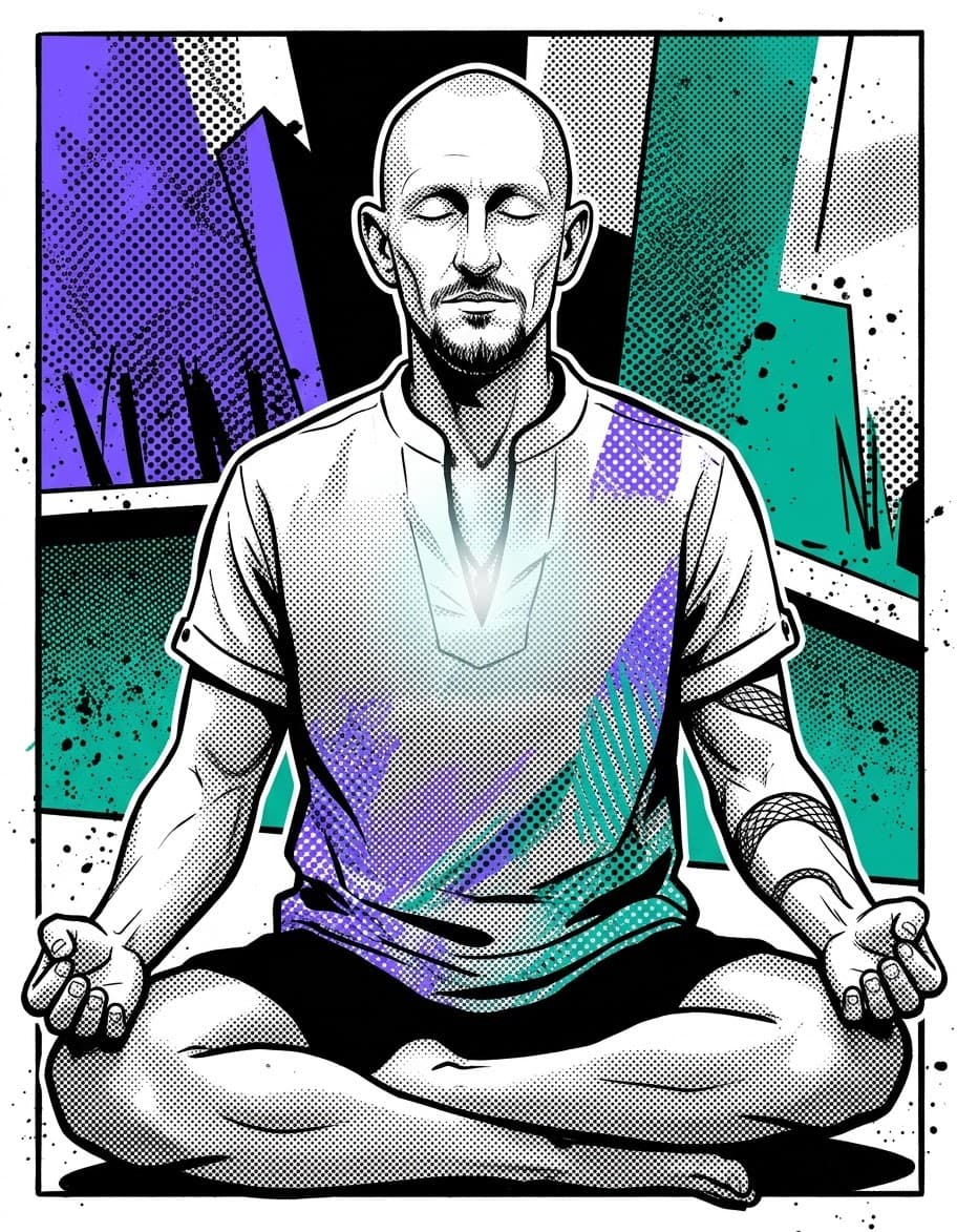 Comic illustration of Shane sitting in quiet introspection, light emanating from within