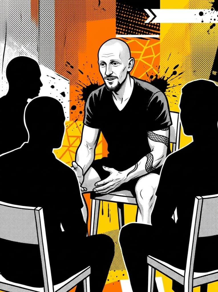 Comic illustration of Shane seated in a circle with other men, engaged and connected