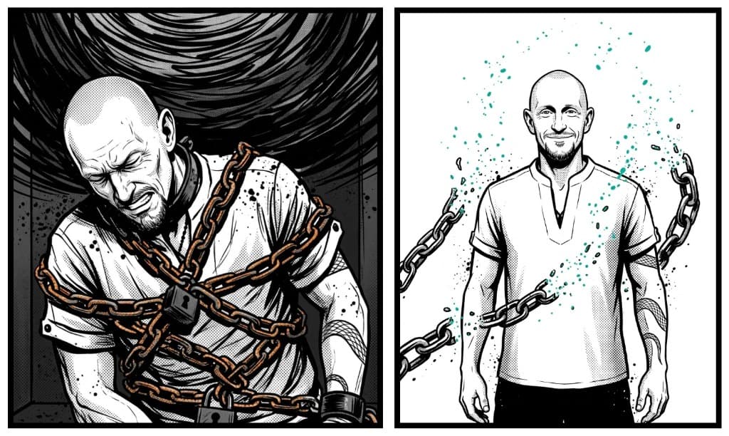 Two-panel comic strip: Shane bound in heavy chains, then breaking free with chain fragments shattering outward