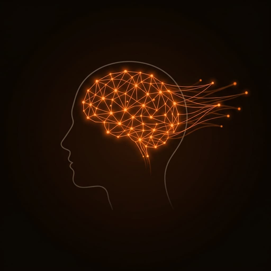 Abstract illustration of a head profile with glowing orange neural network being pulled outward