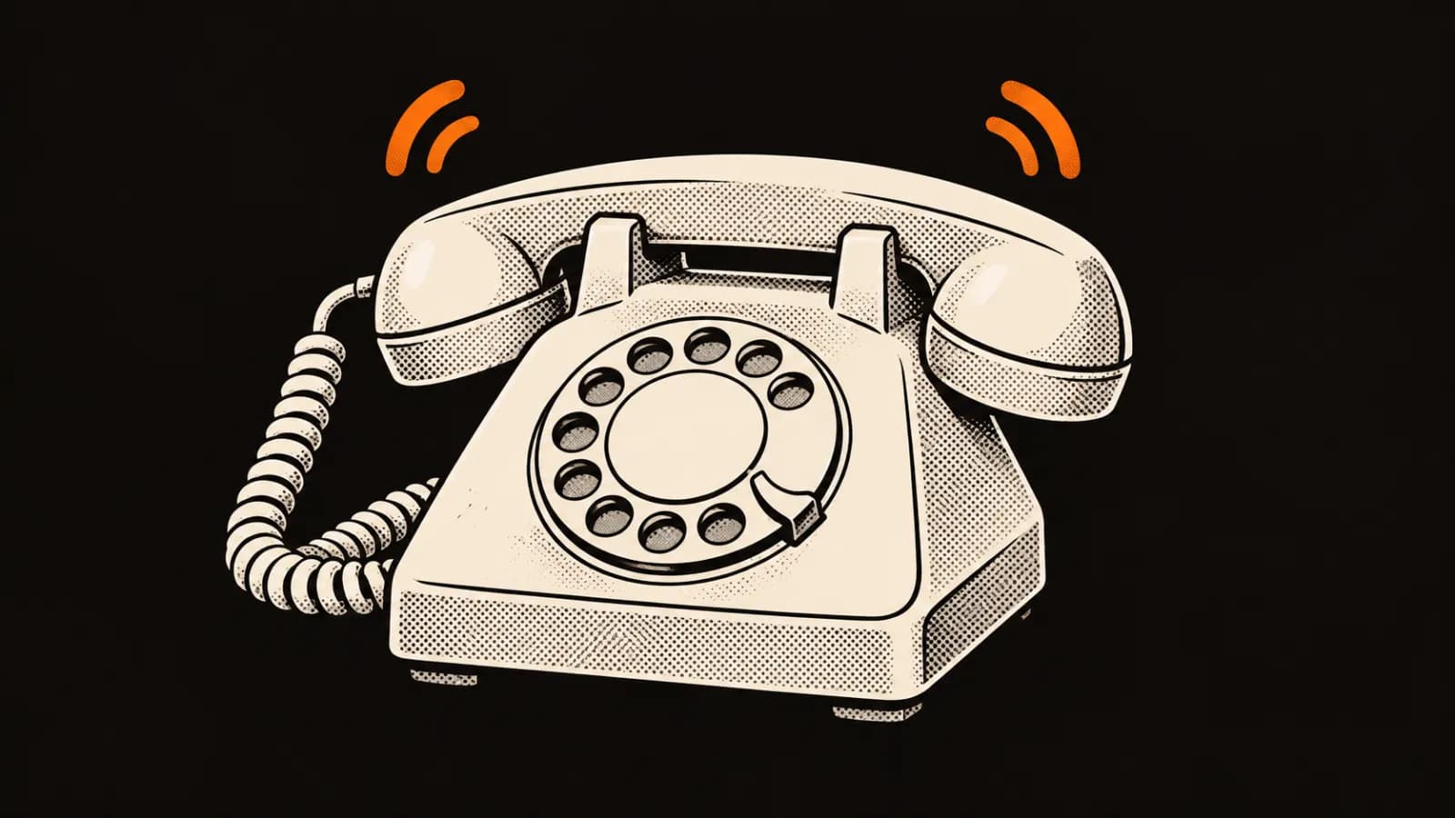 A cream desk phone rings with orange sound marks while its receiver stays on the cradle.