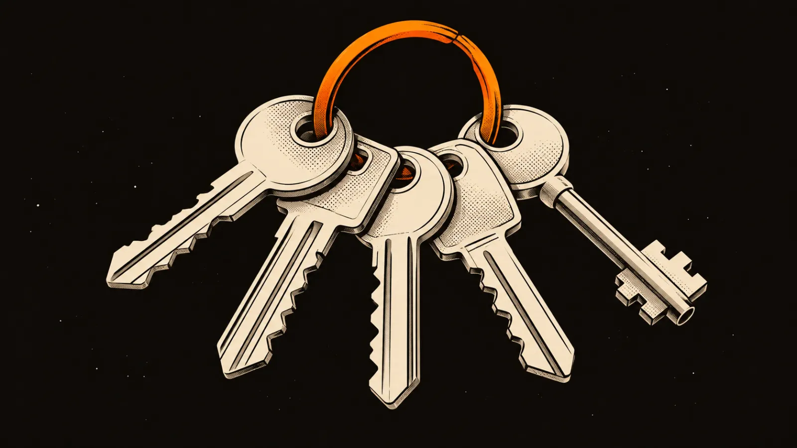 Five different cream keys hang together from a single orange key ring.