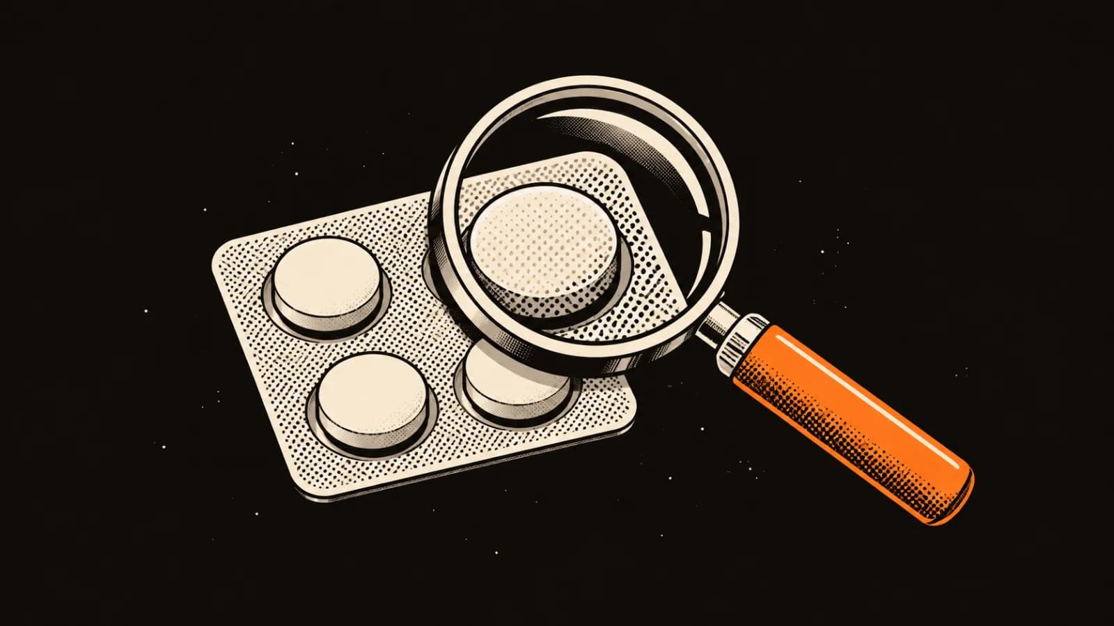A magnifying glass examines a plain blister pack containing a few cream tablets.