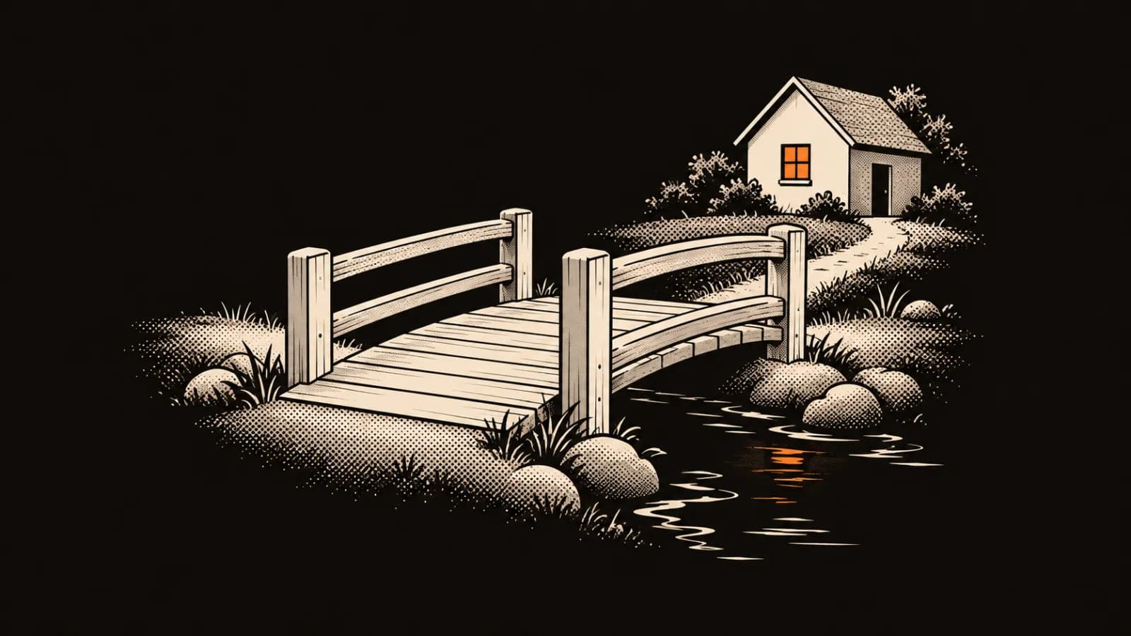 A small sturdy footbridge with handrails crosses a calm stream toward a simple home.