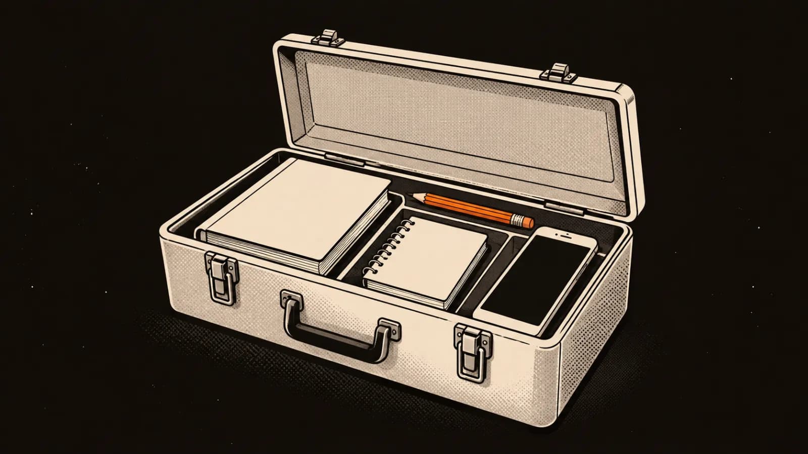 An open cream toolbox holds a blank book, notebook, pencil, and neutral phone.