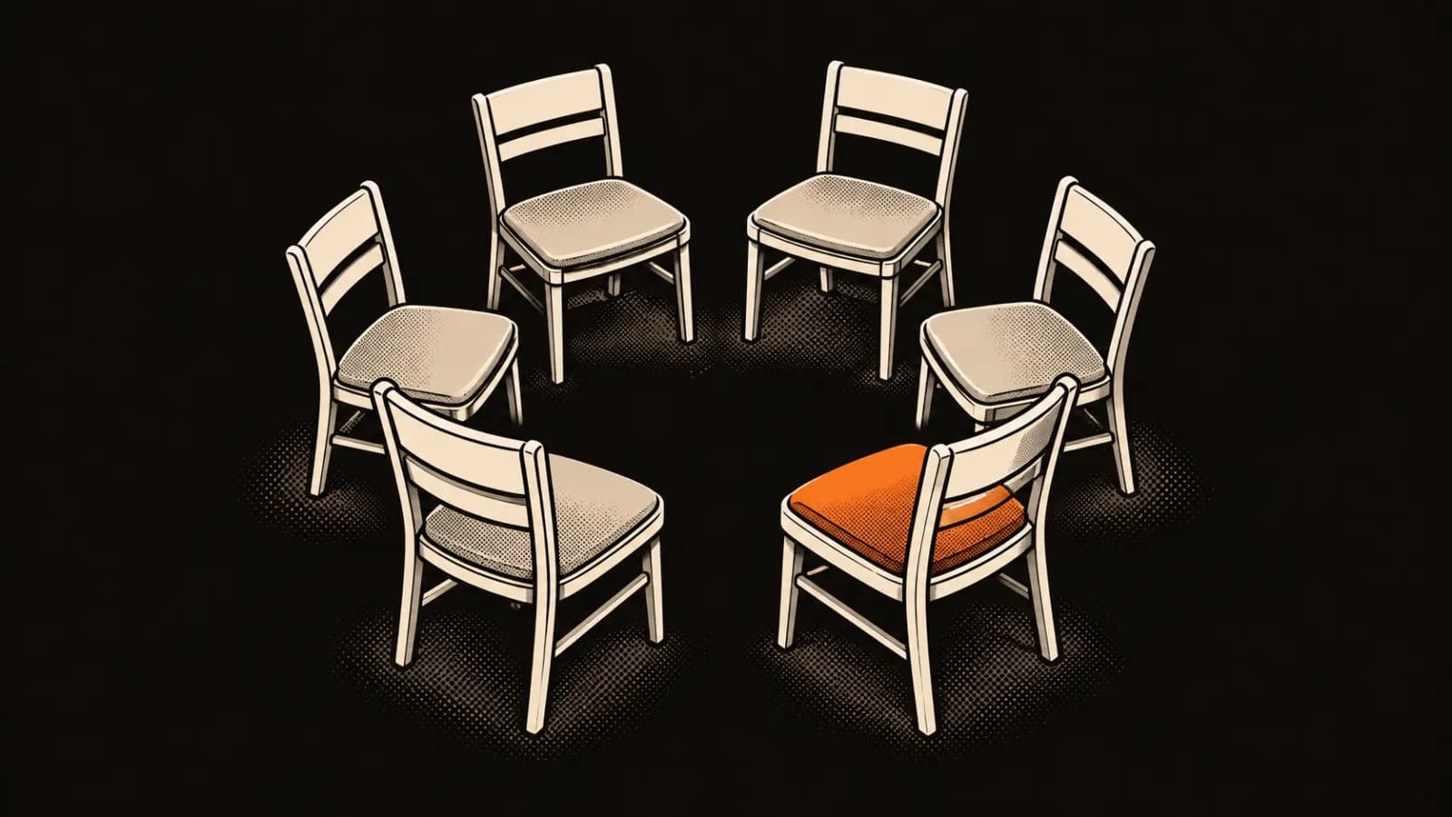 A circle of empty cream chairs leaves one welcoming place with an orange cushion.
