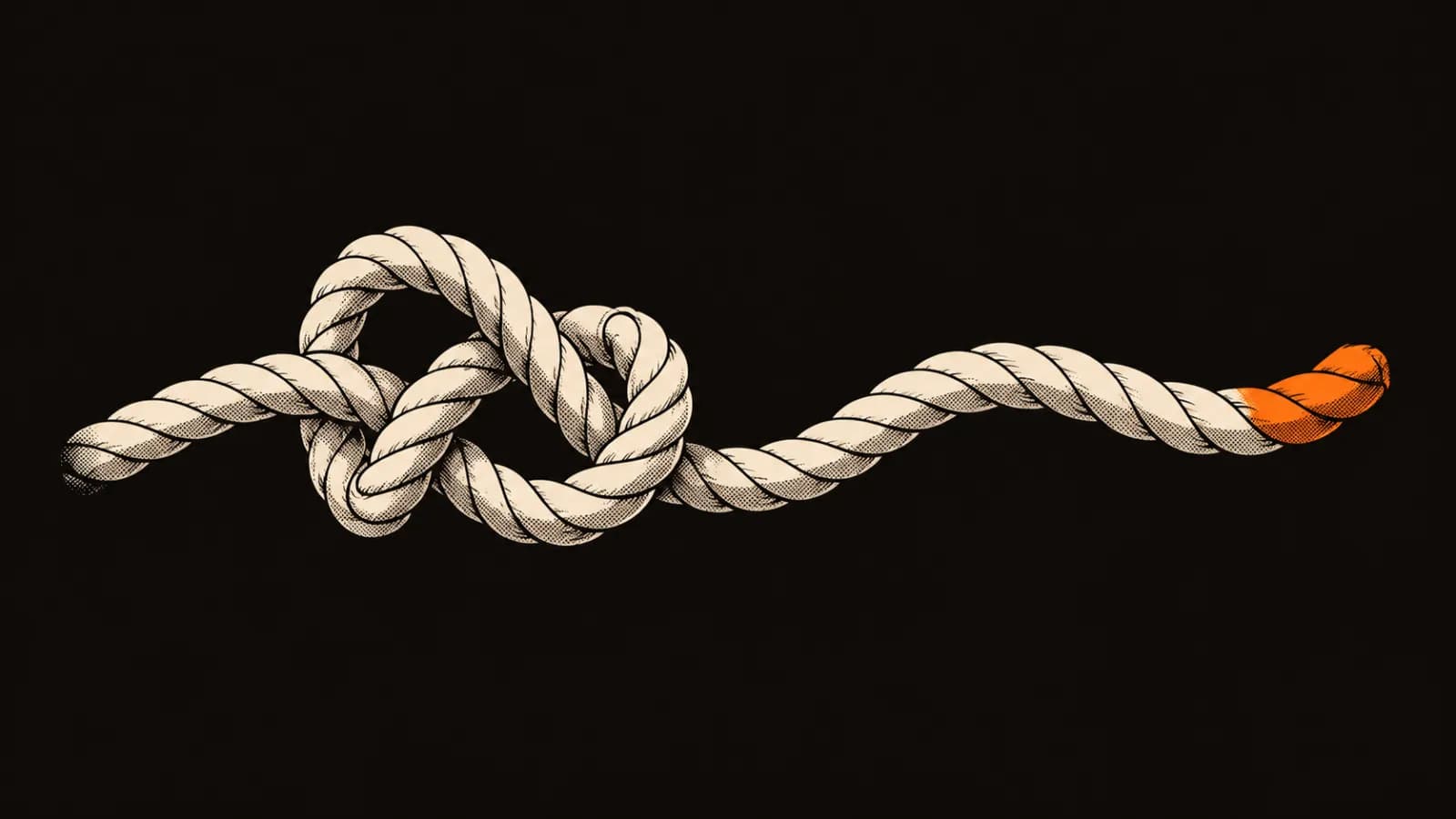 A loose tangle of cream rope gradually opens into a clear orange strand.