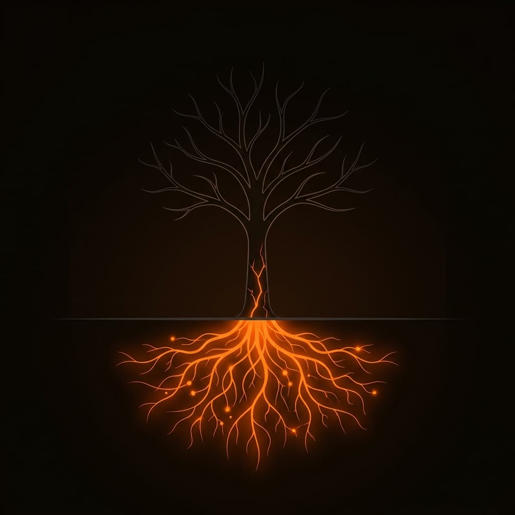 Abstract illustration of a tree with gray branches and glowing orange roots beneath the surface