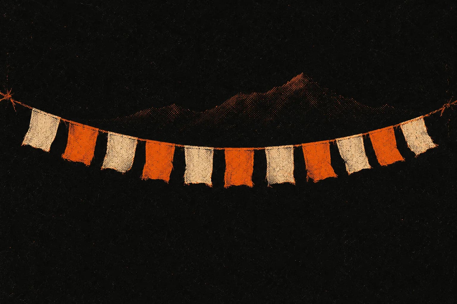 Risograph illustration of prayer flags strung across a mountain valley