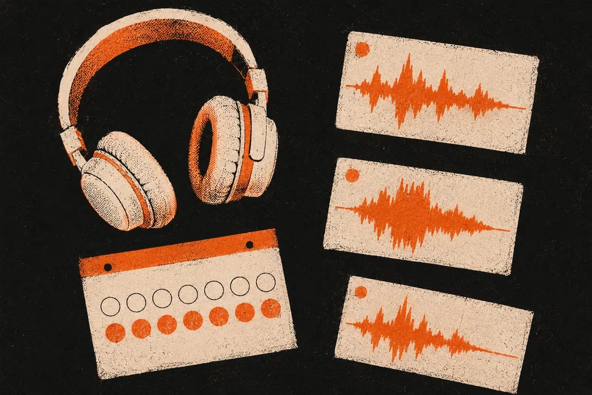 Risograph illustration of headphones, three audio waveform cards, and a 14-day calendar