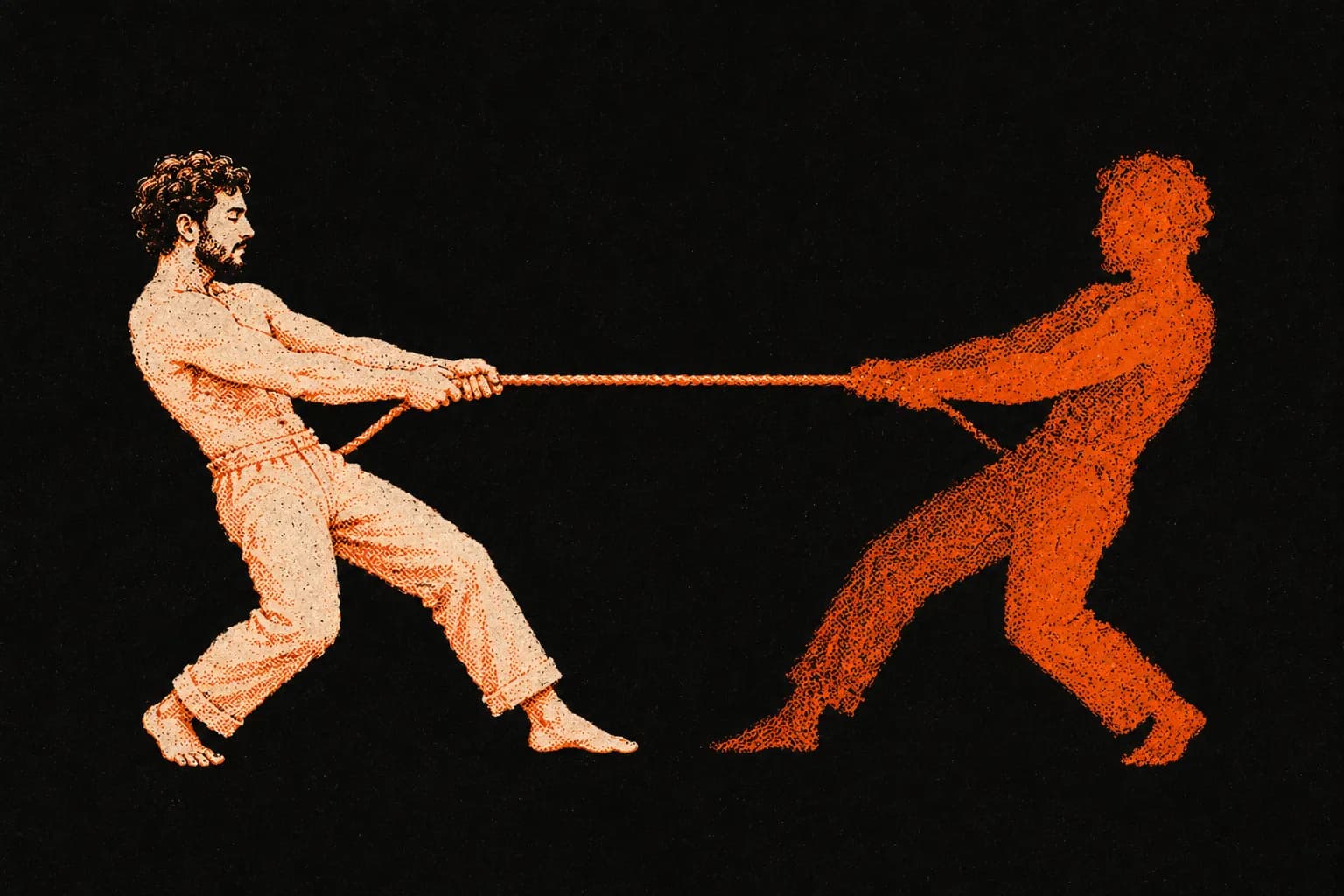 Risograph illustration of a man in a tug-of-war against his own shadow self