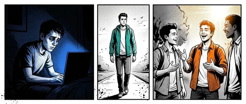 A man alone at a screen in darkness transforms across three panels into someone walking outside and laughing with friends