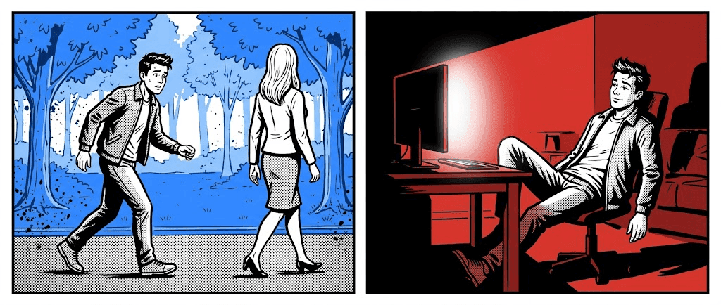 Man hesitating to approach an attractive woman, but feeling very comfortable alone in front of a screen