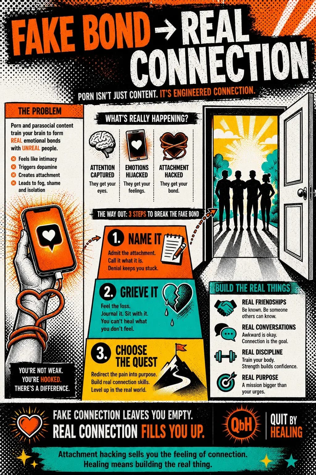 Infographic explaining the mechanism of attachment hacking and the 3 steps to get unhooked.
