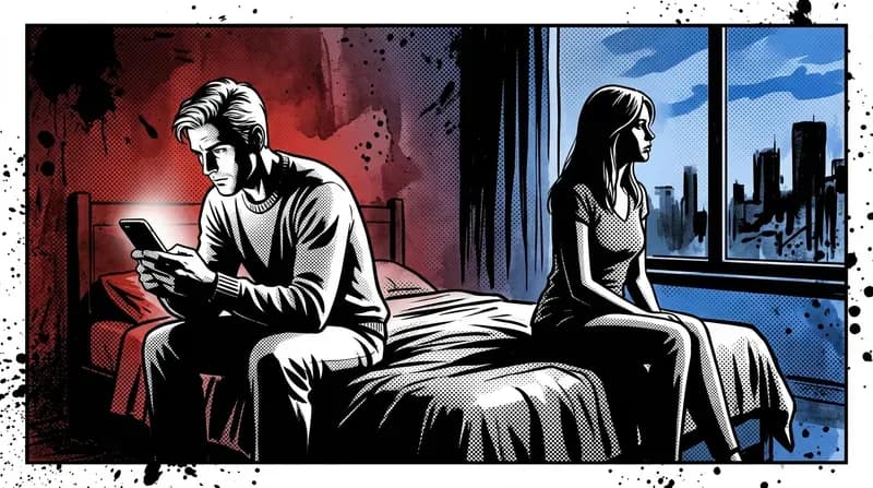 A couple sitting on opposite sides of a bed, the man staring at his phone while she looks away