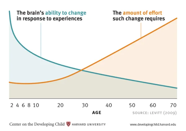 Graph showing how neuroplasticity declines with age and how the effort required to change oneself increases with age.