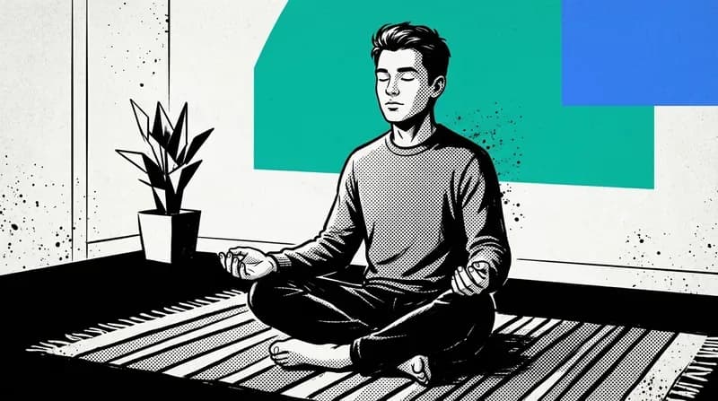 Young man seated cross-legged on a floor, eyes closed, hands resting on knees, in a state of focused calm