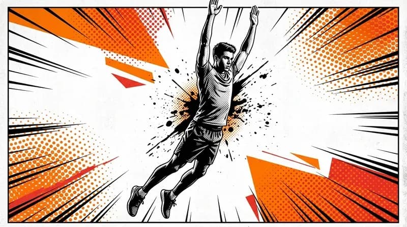 Young man captured mid-jump at the peak of a burpee with arms overhead and full body extended in explosive energy