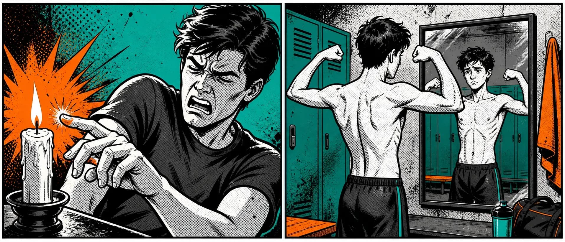 Young man burning his finger on a candle vs. scrawny man flexing in front of a mirror, disappointed by the results.
