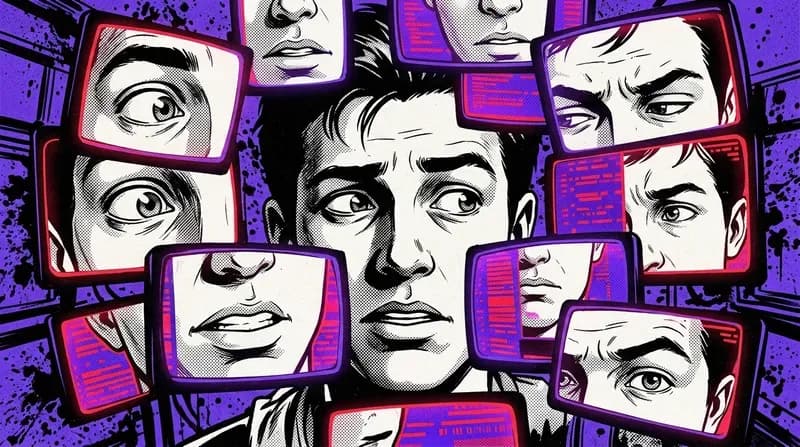 Young man's face reflected across multiple glowing screens each showing a different image, fragmented and overwhelmed