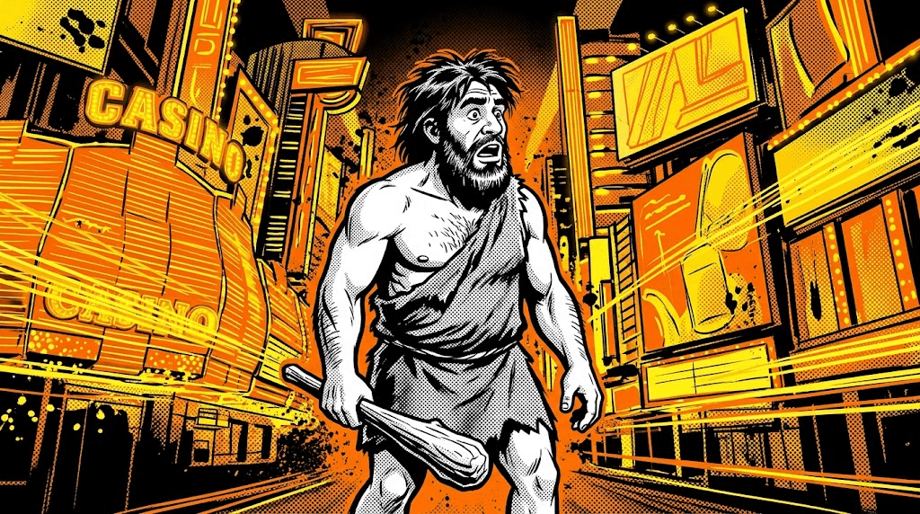 A caveman, bewildered at the modern world he's surrounded by