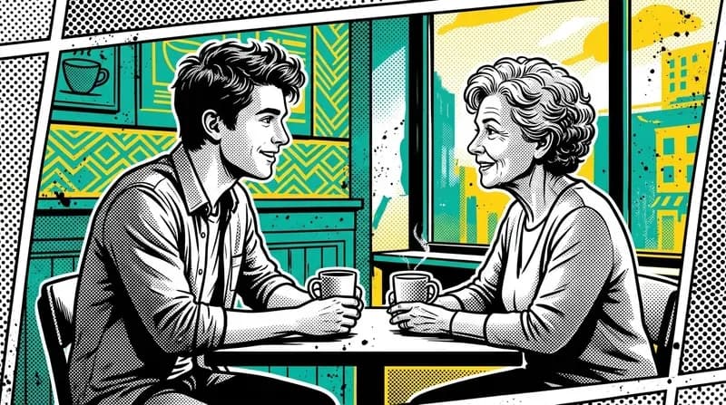 Young man in conversation with an older woman at a coffee shop, both leaning in with genuine interest and open body language