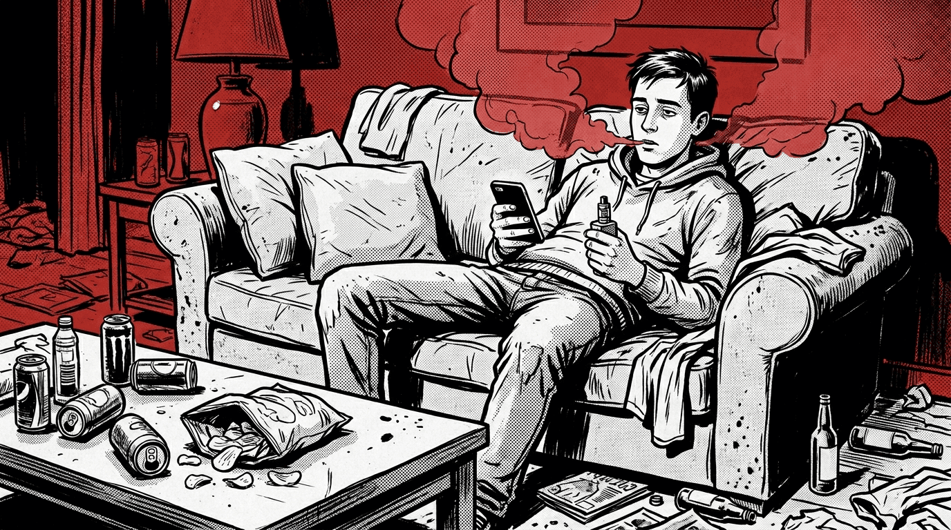 man on a couch, vaping, scrolling, being miserable