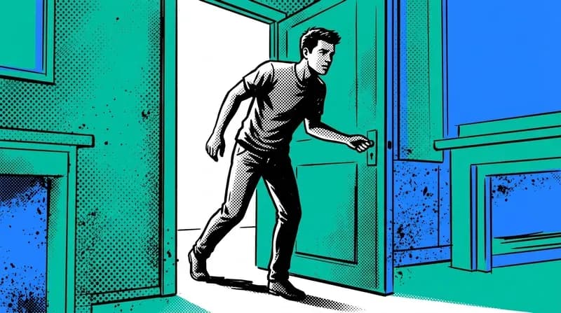 Young man standing at an open doorway, one foot already across the threshold into bright open space