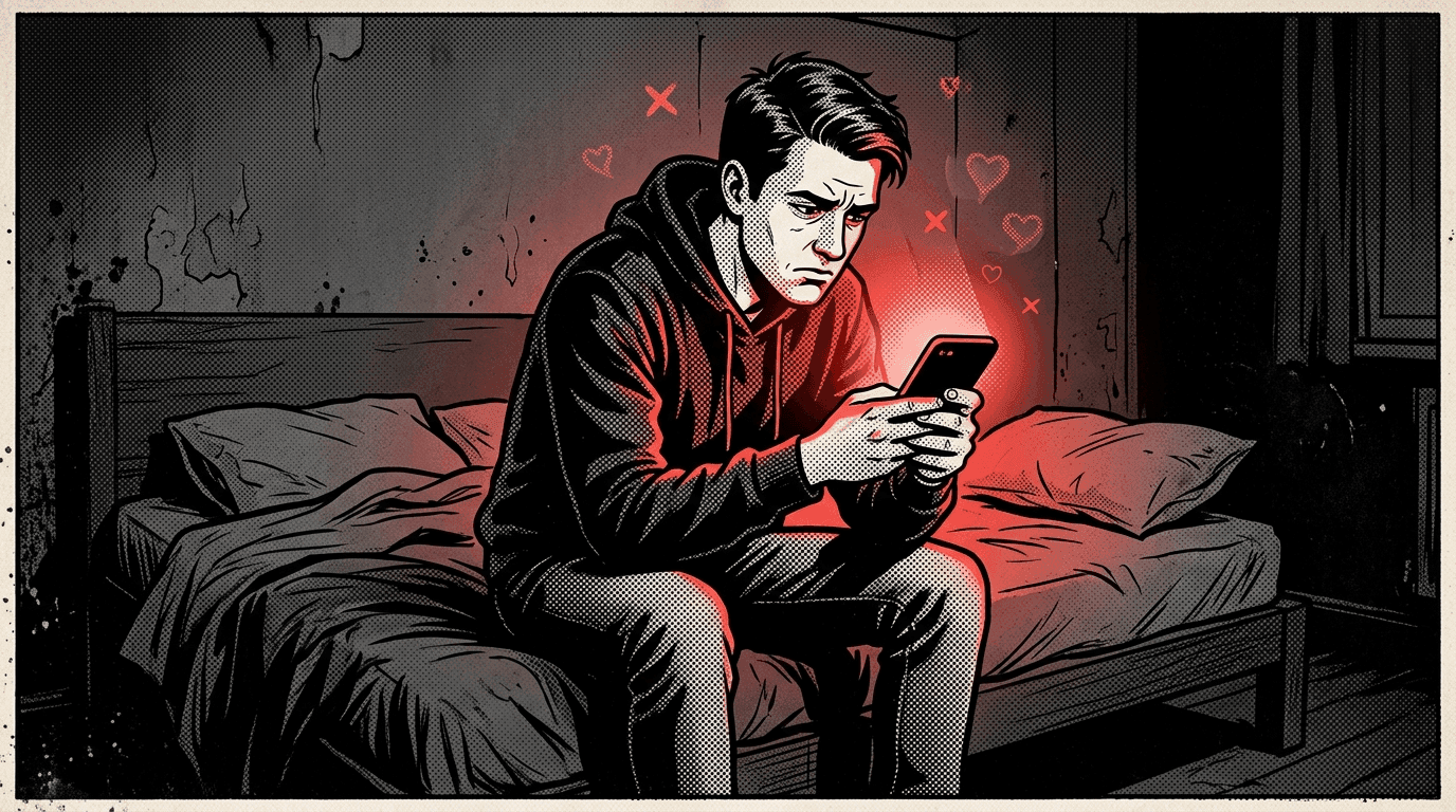 Man alone in his room, unhappily swiping on a dating app