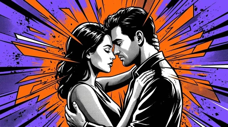 A man and woman in a close embrace, foreheads touching, with building energy radiating around them