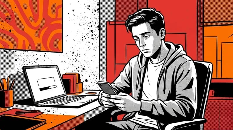 Young man slumped at a work desk staring at his phone while an unfinished project sits ignored in front of him