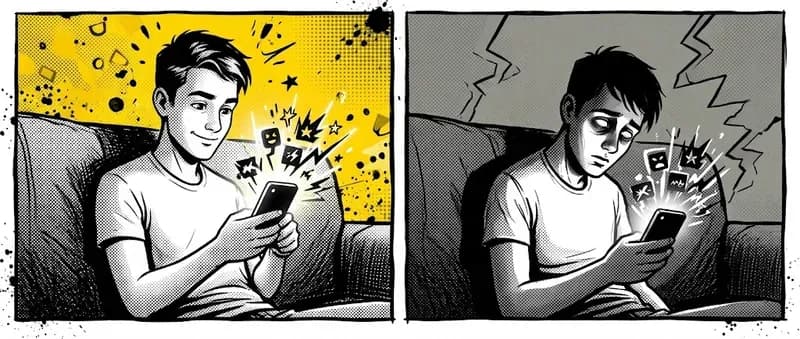 Two-panel comic strip showing a young man excited and engaged with his phone in panel one, then hollow and expressionless in the same position in panel two