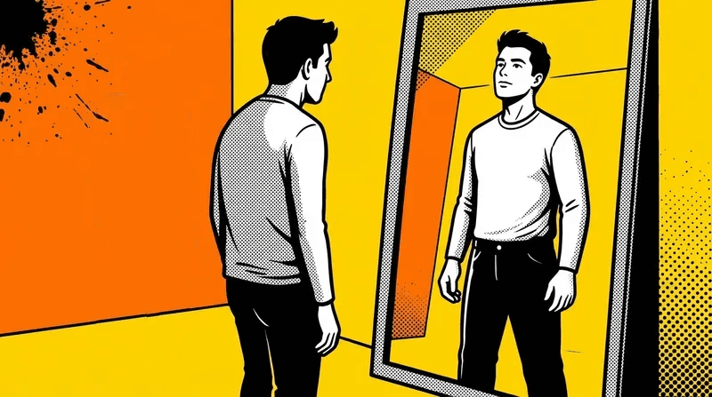 Young man looking in a mirror, his reflection showing a more upright, confident version of himself