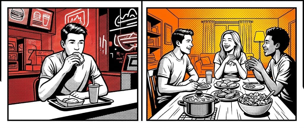 A lonely fast food meal vs a home cooked meal shared with friends