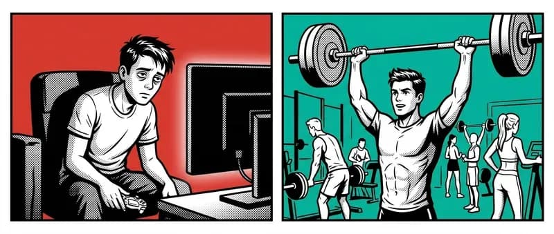 Two-panel comic showing a young man alone at a monitor then lifting weights at a gym
