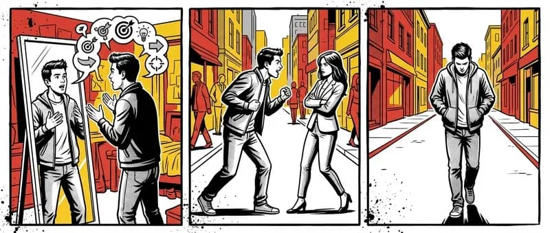 Three-panel strip showing a man rehearsing his opener with a checklist, approaching a woman who looks uneasy, then walking away frustrated