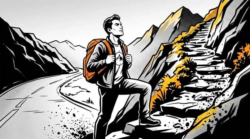 A man strides purposefully toward a steep mountain trail while a comfortable road curves away behind him