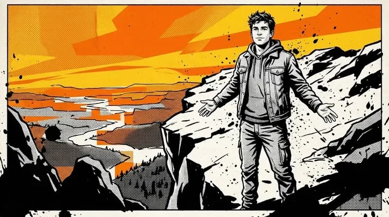 A young man standing at the edge of a cliff with arms slightly open, looking out over a vast landscape