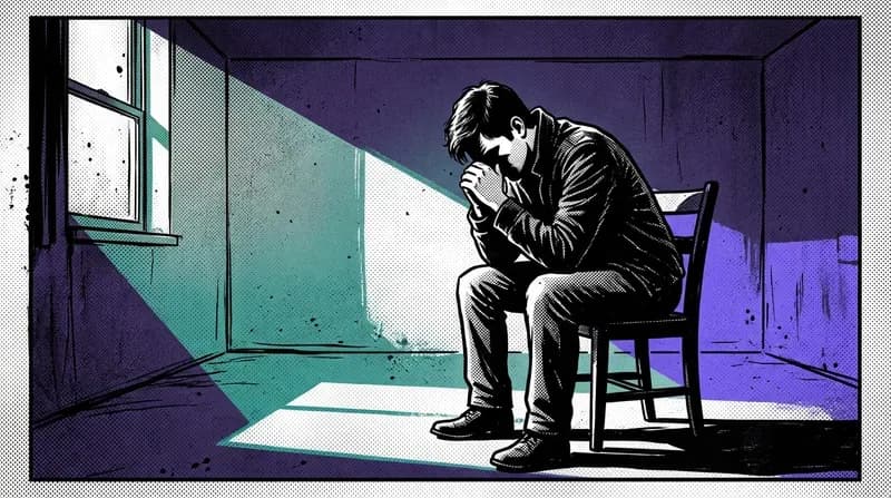 Man sitting alone in a sparse dim room with his head bowed and a single shaft of light overhead