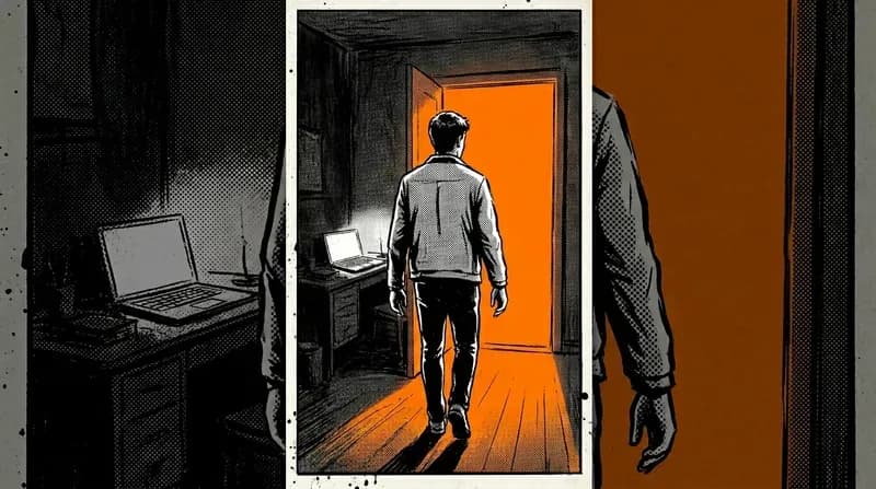 A young man seen from behind walking toward an open doorway with bright light while a glowing screen sits abandoned on a desk behind him