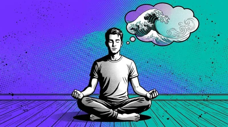 A young man sitting cross-legged on a floor, eyes closed, with a fading wave in a thought bubble above him