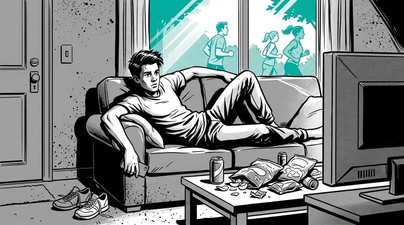 Young man on a couch, watching shows and eating junk food, missing out on real life.