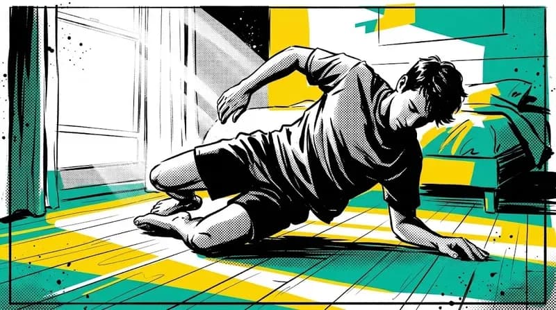 A young man on his bedroom floor moving freely in morning light, no routine, just listening to his body