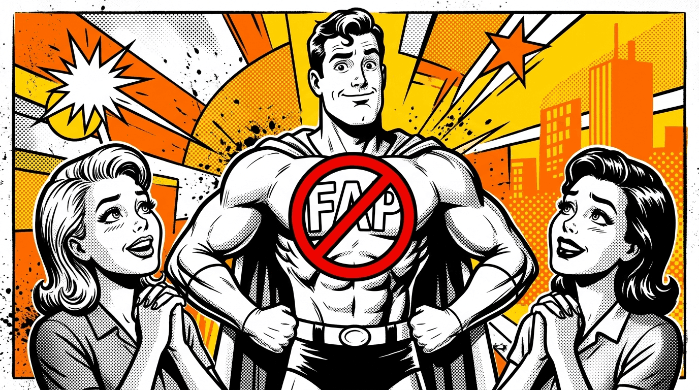 Guy in a silly NoFap superhero costume, being admired by women.