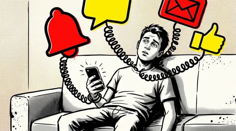 Young man on a couch surrounded by floating app icons pulling at his arms and attention
