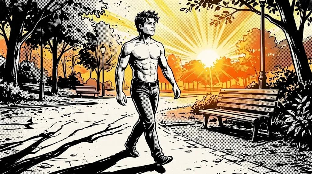 Guy on a shirtless morning walk in the park