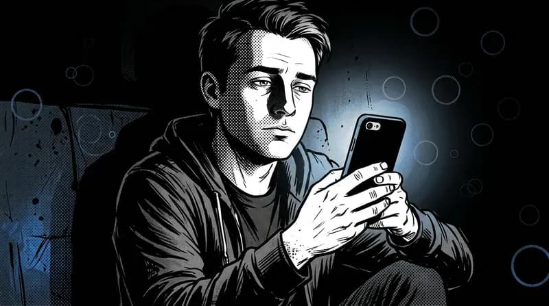 Young man in dim light staring at phone with a conflicted expression, dramatic shadows across his face