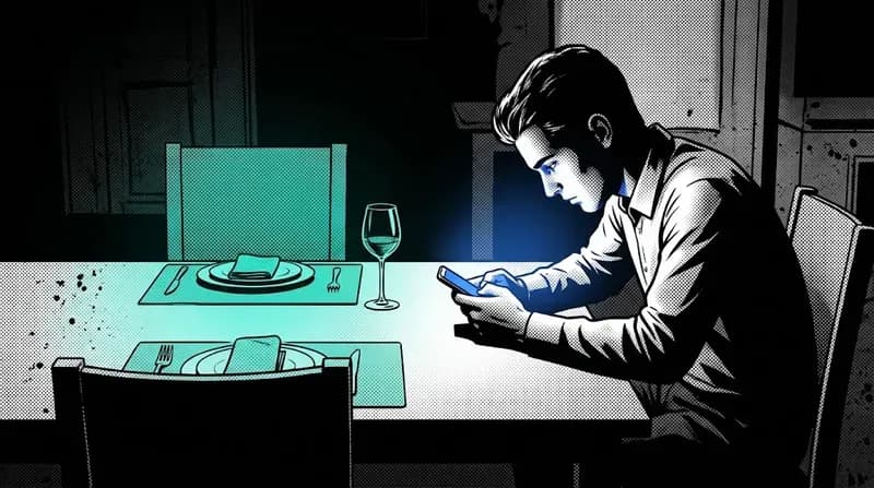 A young man hunched over a glowing phone at a cluttered desk while an empty chair sits across from him at a dinner table set for two